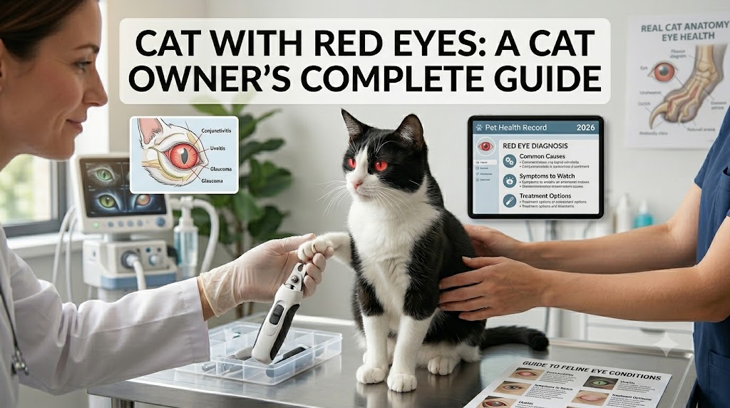 Cat with red eyes close-up, showing cat with red eyes and possible eye irritation or infection in cats.