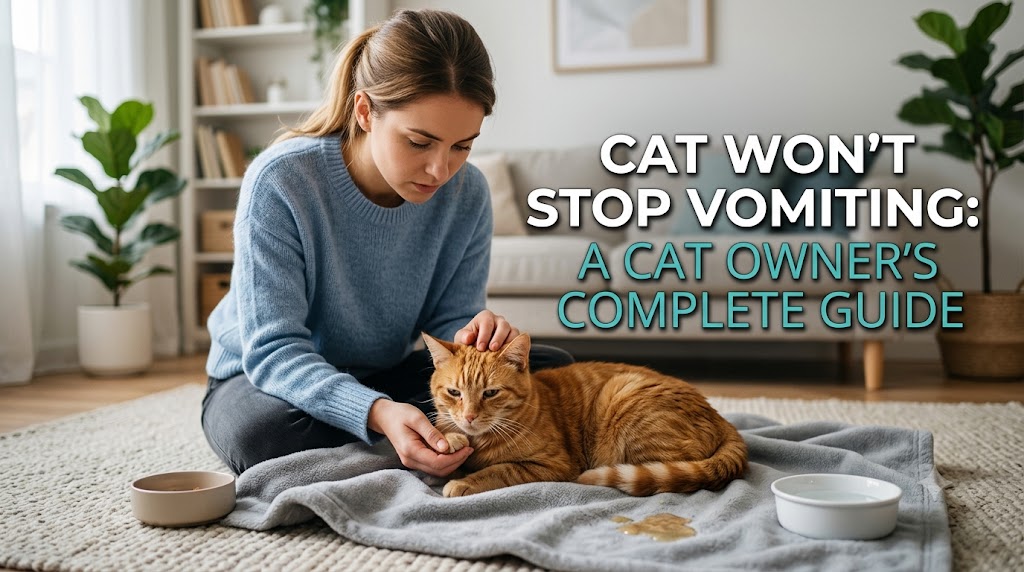 Cat vomiting repeatedly near a food bowl, showing cat won't stop vomiting and potential digestive or health concerns in cats.