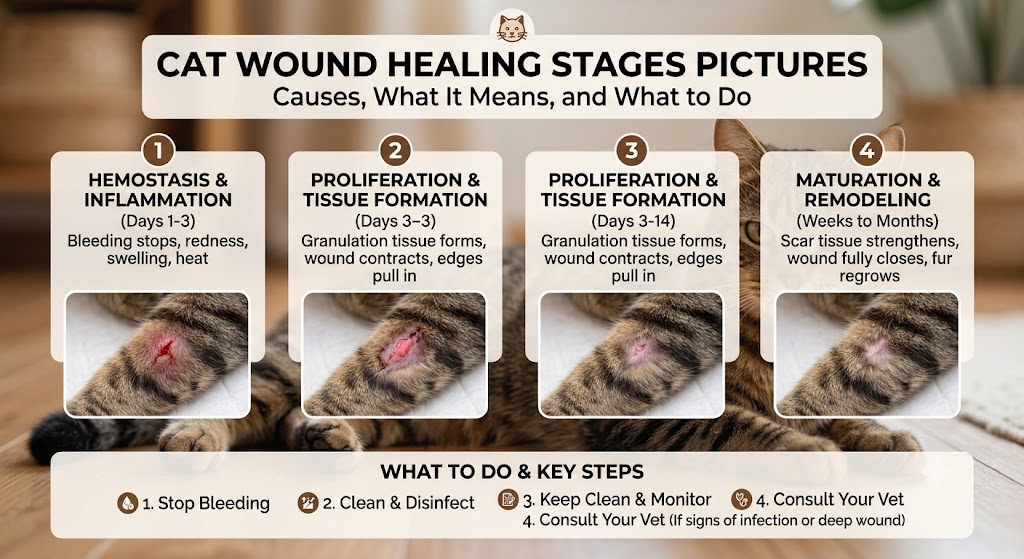 Cat wound healing stages pictures showing inflammation, tissue repair, and recovery progress during the natural wound healing process in cats