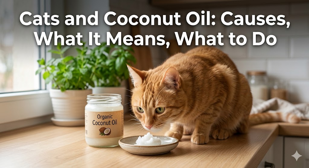 Cat licking coconut oil, showing cats and coconut oil and safe use for feline health and grooming.