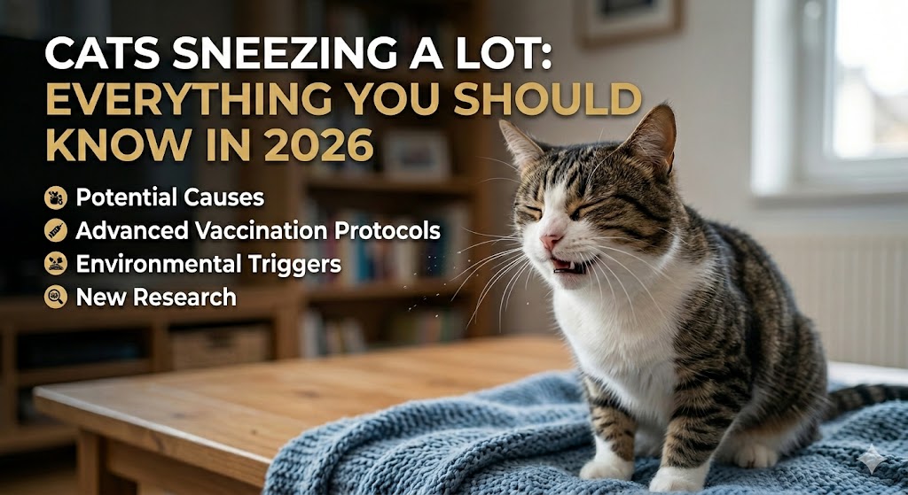 Cat sneezing repeatedly with watery eyes, showing cats sneezing a lot and possible respiratory infection signs.