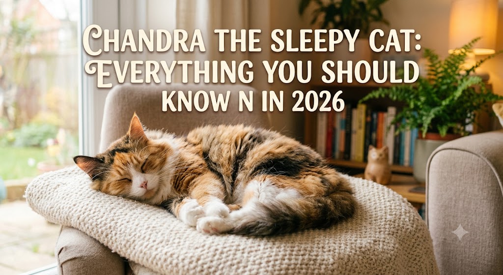 Sleepy cat curled up in a cozy blanket, showing “Chandra the sleepy cat” character and calm, dreamy feline relaxation vibe