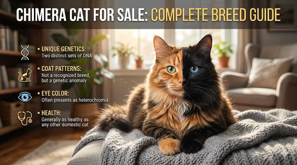 Chimera cat with split-colored face, showing chimera cat for sale and unique coat pattern features.