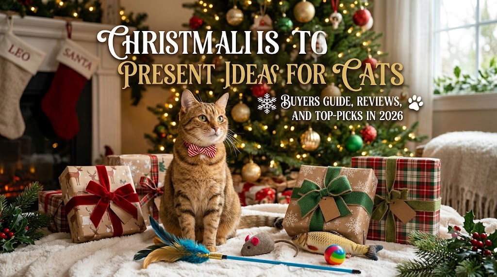 Cat surrounded by festive gifts and toys, showing Christmas present ideas for cats and safe, fun holiday gift options for feline enrichment