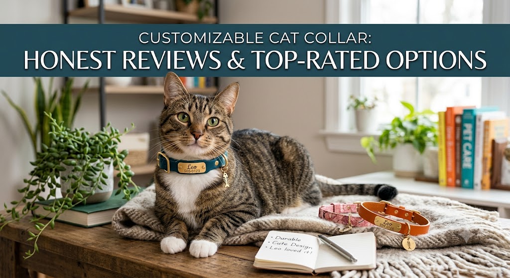 Customizable cat collar with engraved name tag, showing customizable cat collar options for pet safety and personalized style.