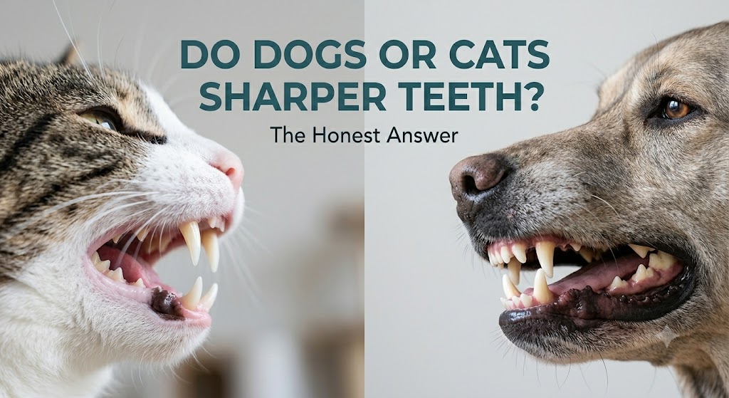 Close-up of dog and cat teeth, showing do dogs or cats have sharper teeth and differences in pet dental anatomy.