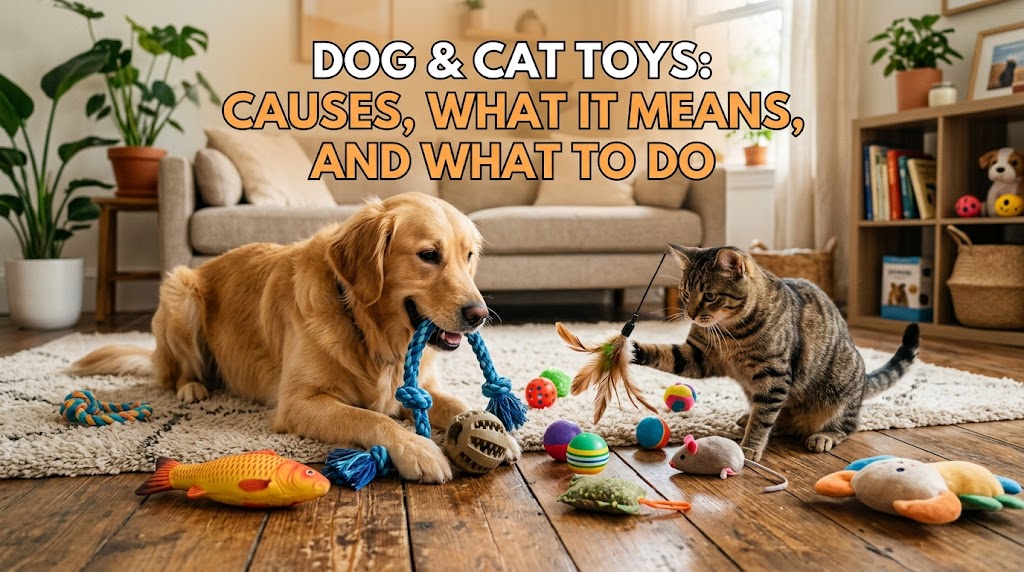 Dogs and cats playing together with shared toys, showing dog cat toys designed for interactive play and multi-pet enrichment.
