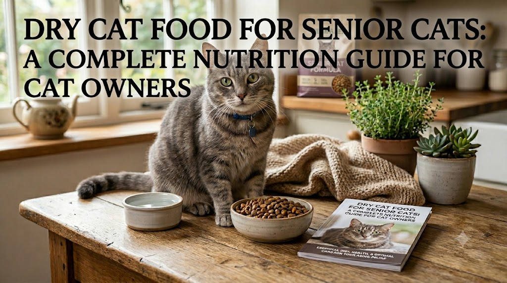 Senior cat eating dry kibble from a bowl, showing dry cat food for senior cats and specialized nutrition for aging feline health.