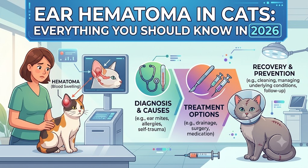Cat with swollen ear being examined by a veterinarian, showing ear hematoma in cats and common signs of ear injuries and inflammation in cats
