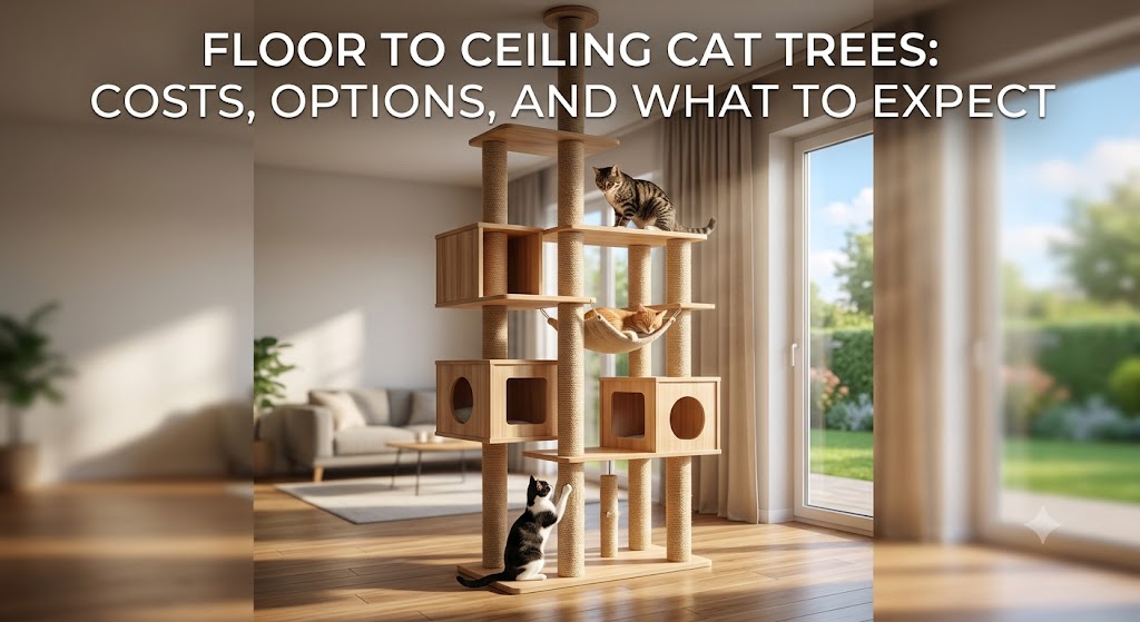 Cat climbing a floor to ceiling cat tree, showing floor to ceiling cat trees that provide sturdy vertical space for climbing, scratching, and play.
