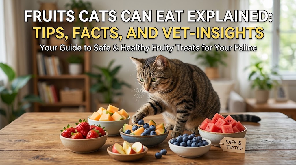 Cat sitting beside a selection of cat-safe fruits, showing fruits cat can eat and healthy fruit options that are safe for cats in moderation.