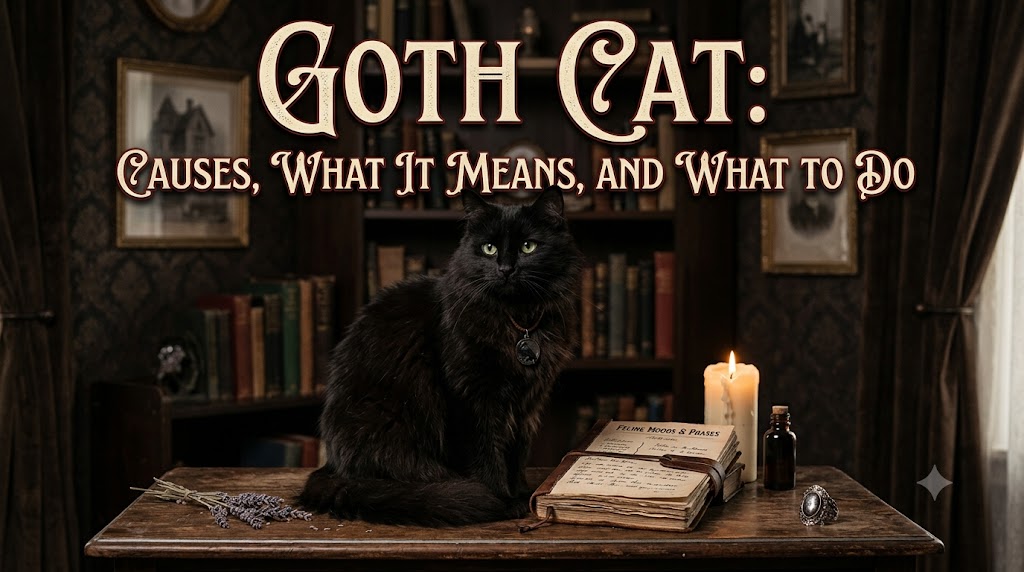 Black goth cat with dramatic styling, showing goth cat aesthetic and alternative feline-inspired fashion and art theme.