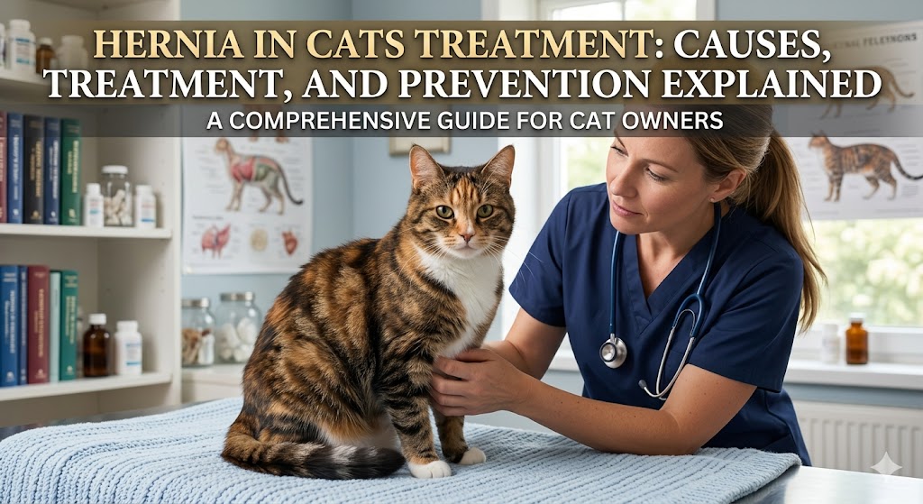 Cat under veterinary care showing hernia in cats treatment and abdominal health examination in cats.