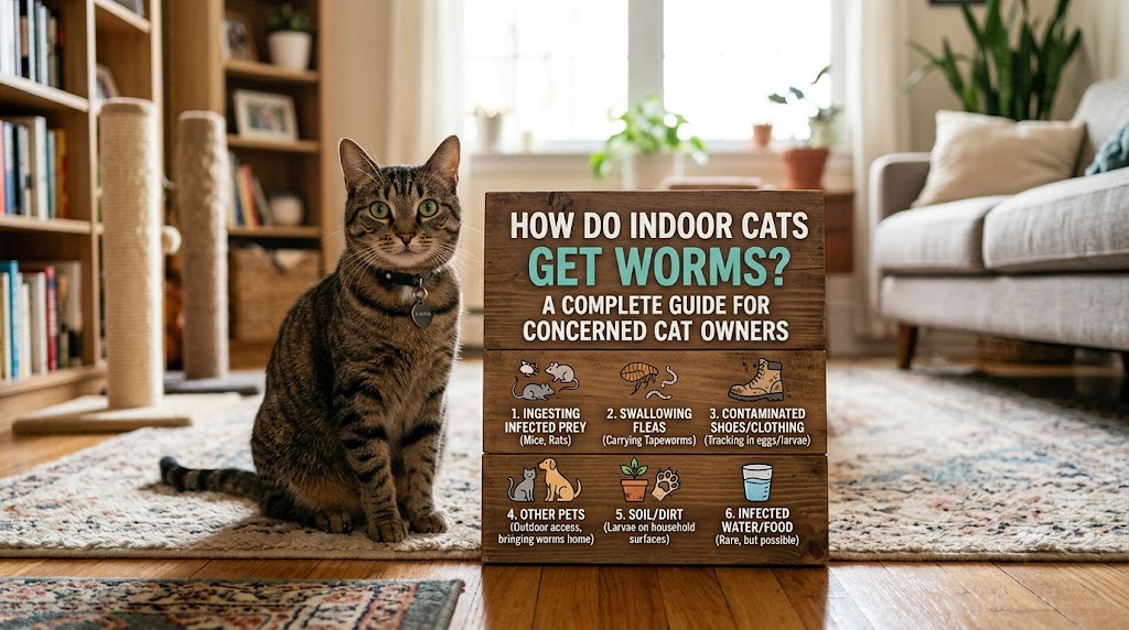 Indoor cat grooming itself, showing how do indoor cats get worms and common parasite transmission routes in cats.