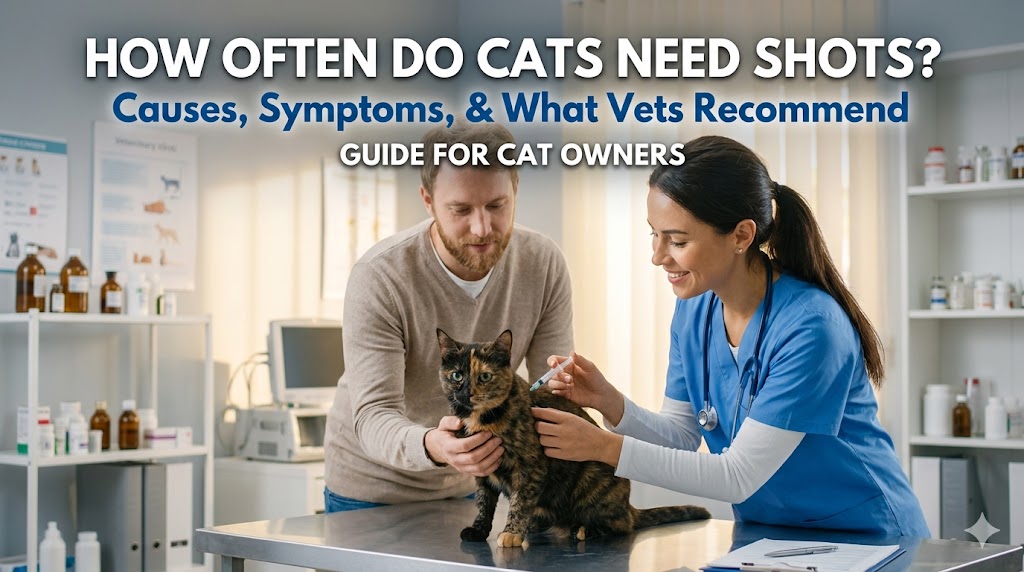 Cat receiving vaccination at vet clinic, showing how often do cats need shots and routine vaccine schedule for cats.