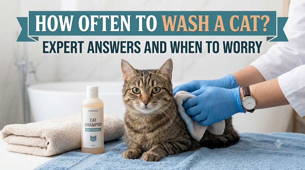 Cat being gently bathed, showing how often to wash a cat and proper feline grooming frequency and care guidelines.