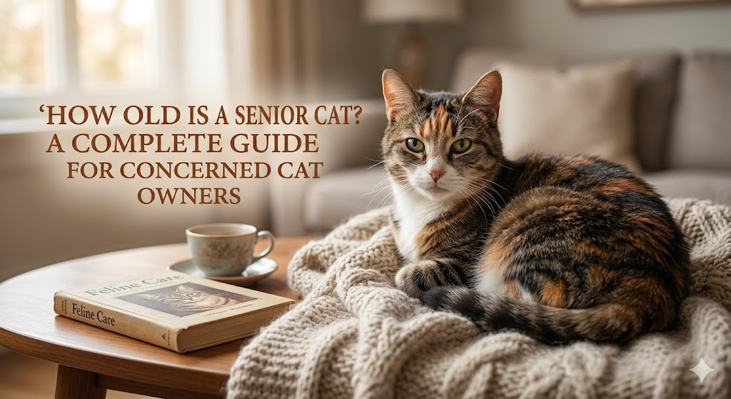 Senior cat resting comfortably, showing how old is a senior cat and aging stages in cats.