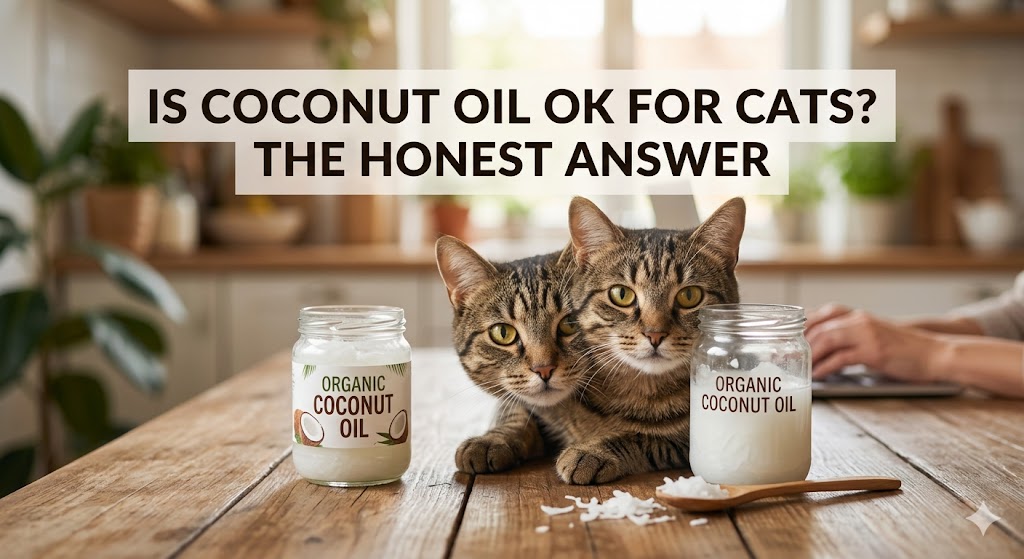 Cat licking coconut oil, showing is coconut oil ok for cats and safe use considerations for feline health.