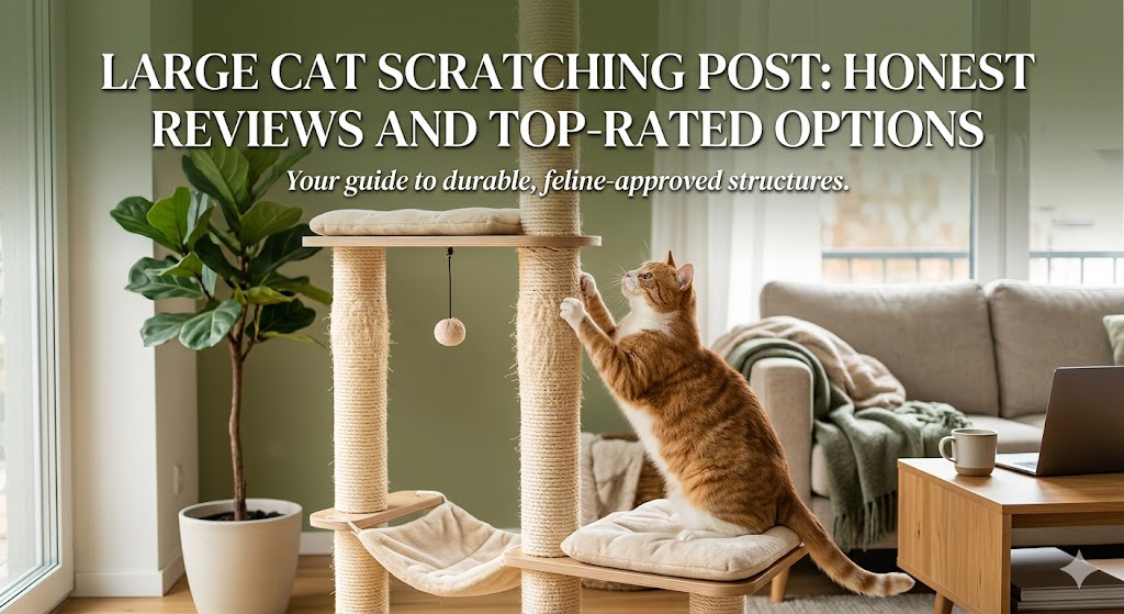 Large cat scratching post with cat stretching, showing large cat scratching post for healthy claw care and furniture protection.