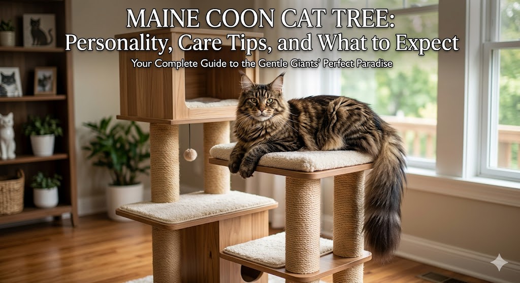Maine Coon cat climbing tall cat tree, showing Maine Coon cat tree for large breed climbing and enrichment.