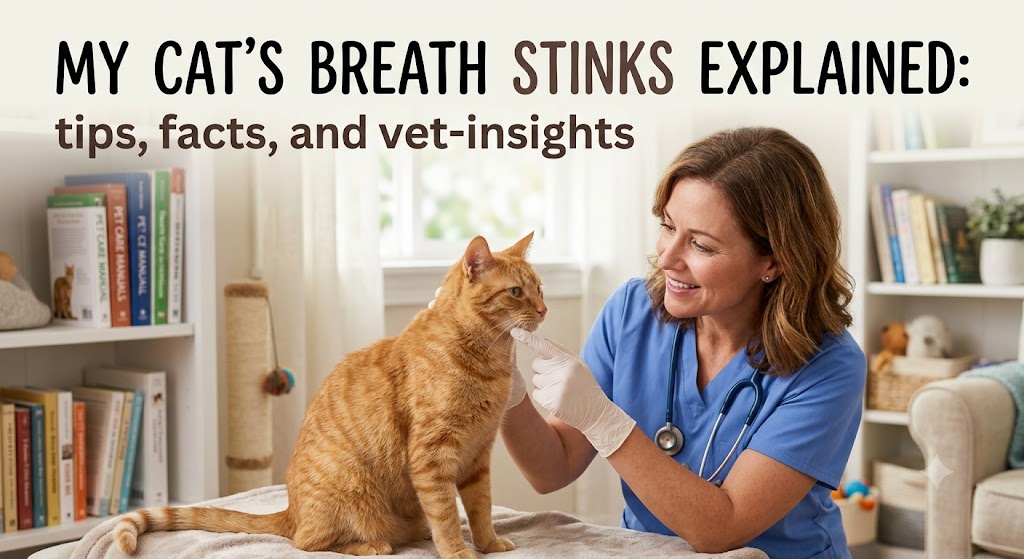 Cat during a dental examination, showing my cats breath stinks and common causes of bad breath in cats.
