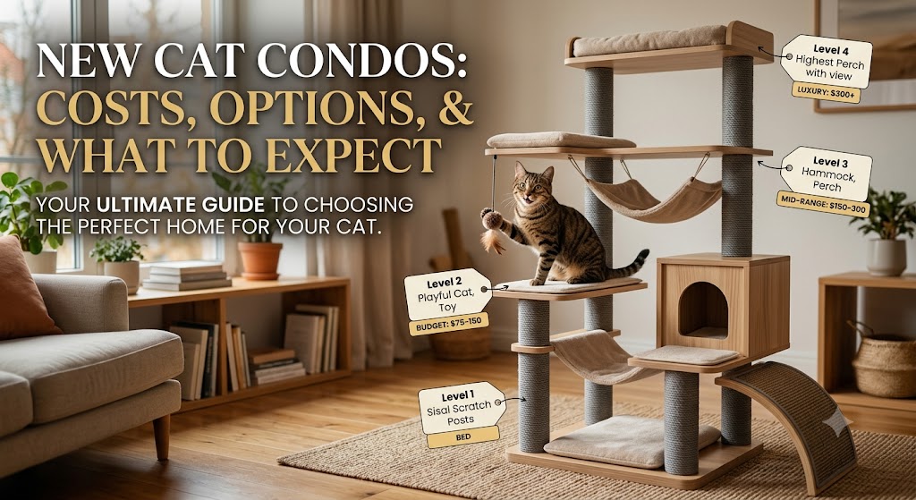 Modern cat condos with cats lounging and climbing, showing new cat condos for feline comfort, play, and enrichment.