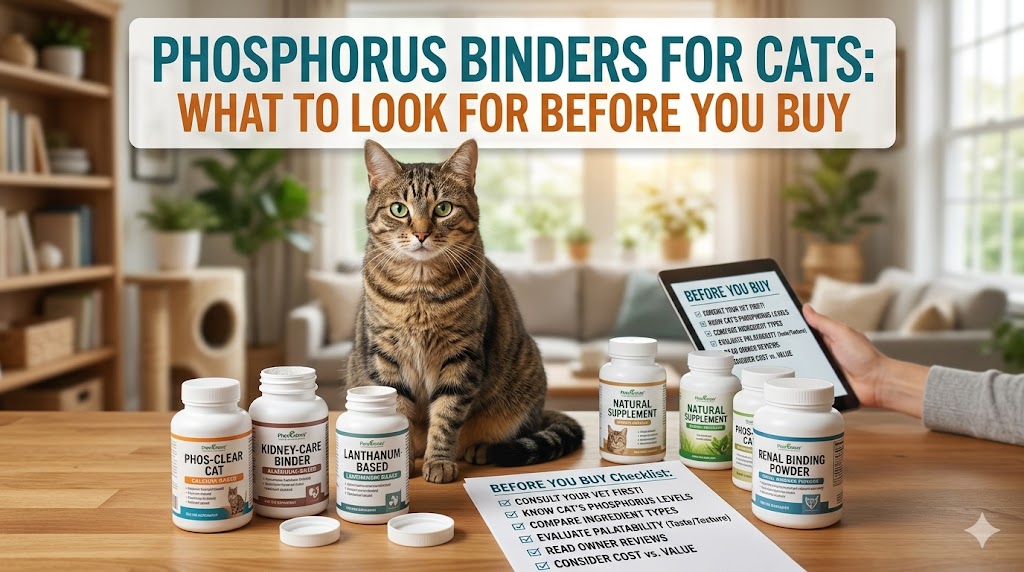 Cat eating renal diet food, showing phosphorus binders for cats and kidney support treatment in cats.