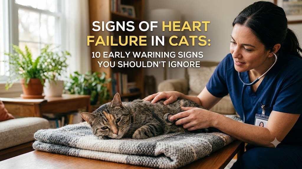 Cat breathing heavily while resting, showing signs of heart failure in cats and serious cardiac warning symptoms in felines.