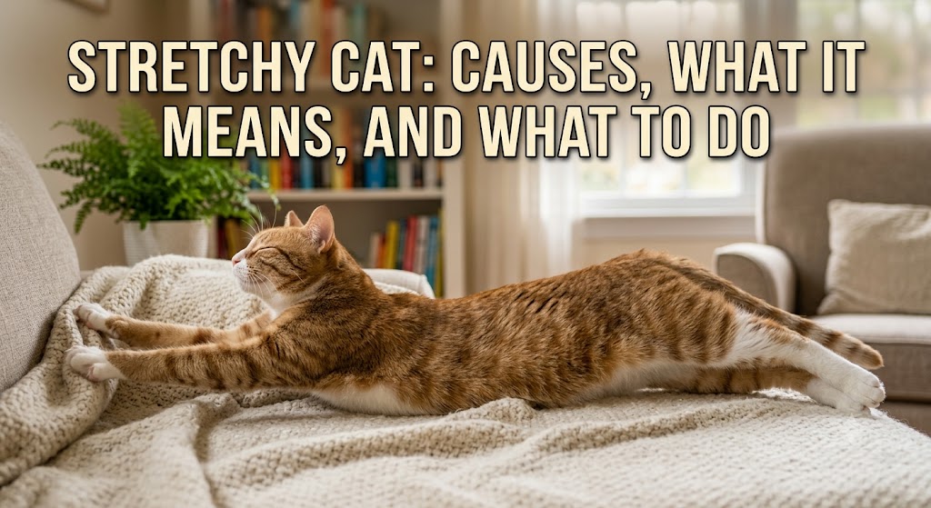 Cat stretching its body on the floor, showing stretchy cat behavior and feline flexibility during daily stretching and grooming.
