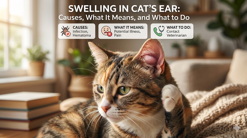 Cat ear swelling close-up showing swelling in cat’s ear and possible infection or hematoma signs.