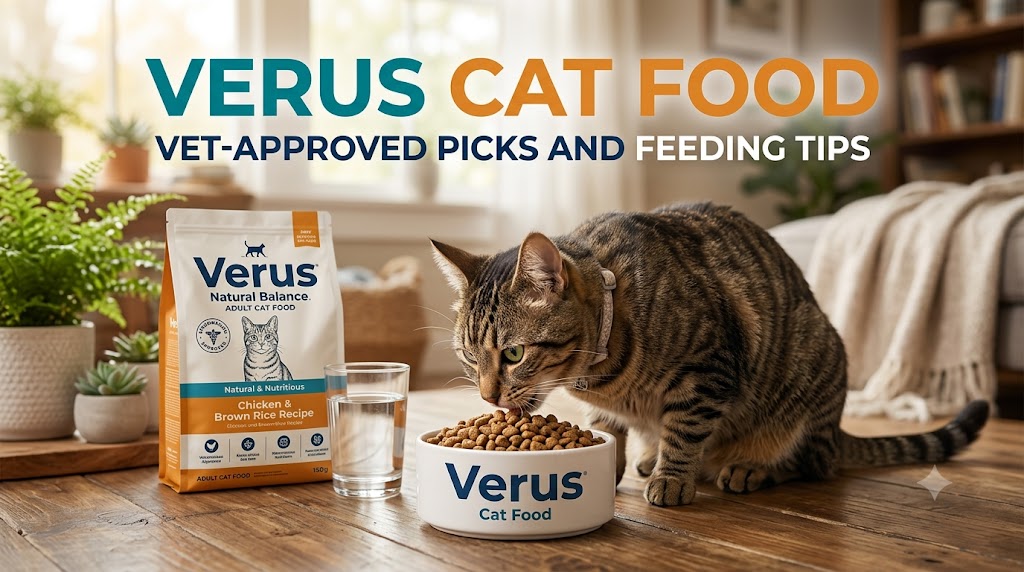 Cat eating from a bowl of dry kibble, showing Verus cat food as a premium pet nutrition option for cats.