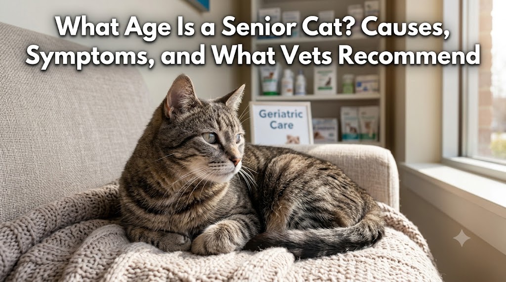 Senior cat resting comfortably, showing what age is a senior cat and feline aging stages explained.