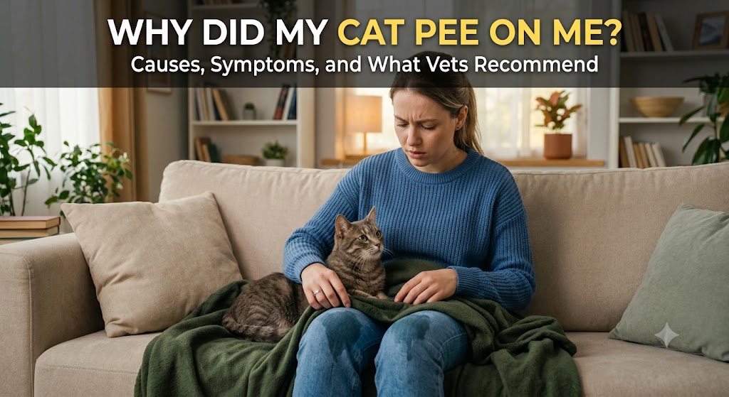 Cat near owner on bed showing why did my cat pee on me and common reasons for inappropriate urination in cats.