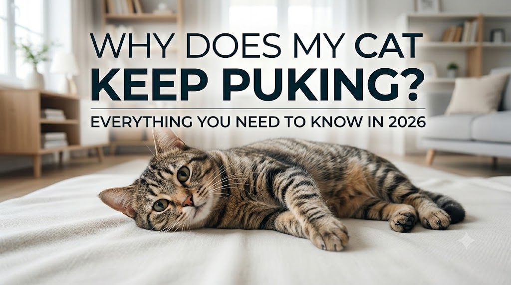 Cat vomiting near a food bowl, showing why does my cat keep puking and common digestive and health concerns in cats.