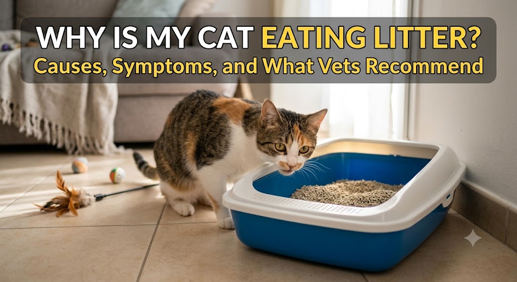 Cat sniffing and eating litter from the litter box, showing why is my cat eating litter and possible nutritional or health concerns in cats.