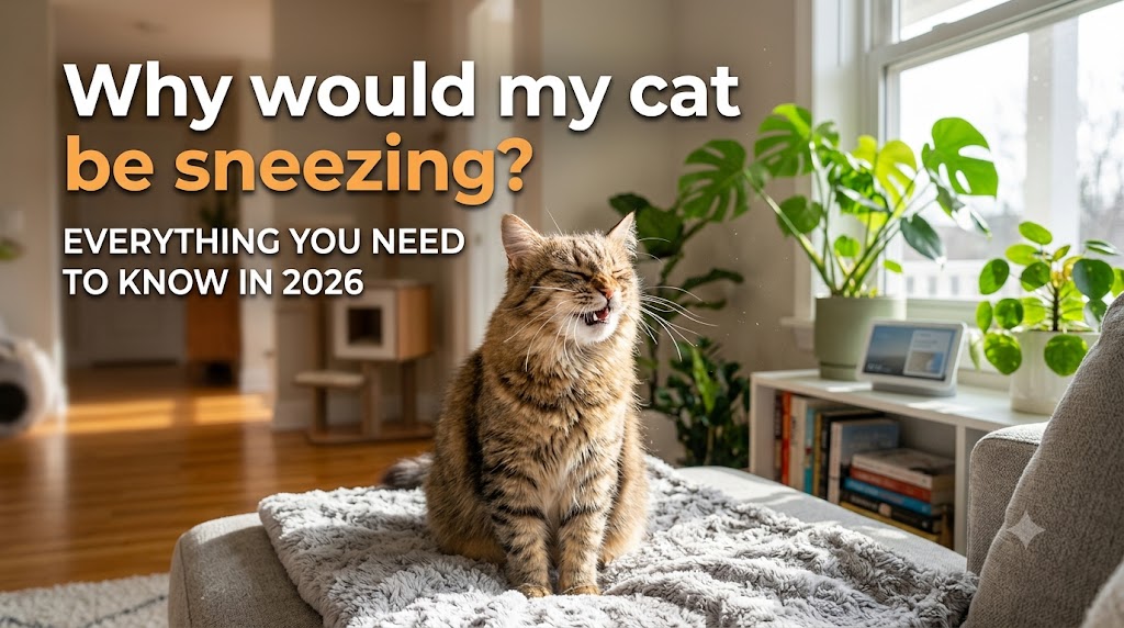 Cat sneezing with watery eyes, showing why would my cat be sneezing and common causes of feline respiratory irritation and infection.