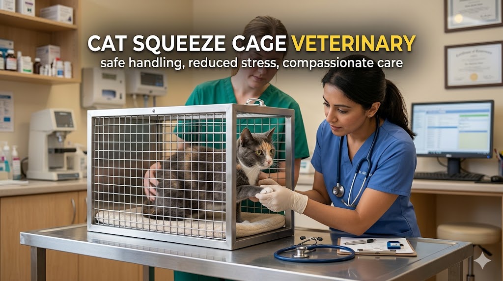 cat in veterinary squeeze cage