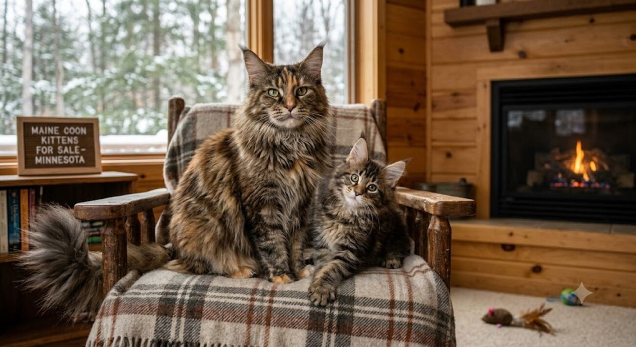adult maine coon cat with a kitten in a cozy home