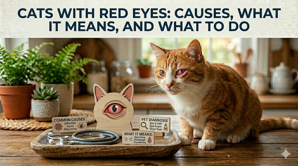 Cat with red eyes, showing cats with red eyes and possible eye infection or irritation signs.