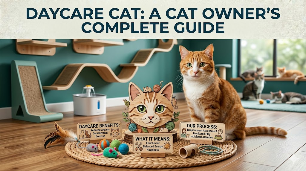 Cat in a daycare environment, showing daycare cat care and supervised social play setting.