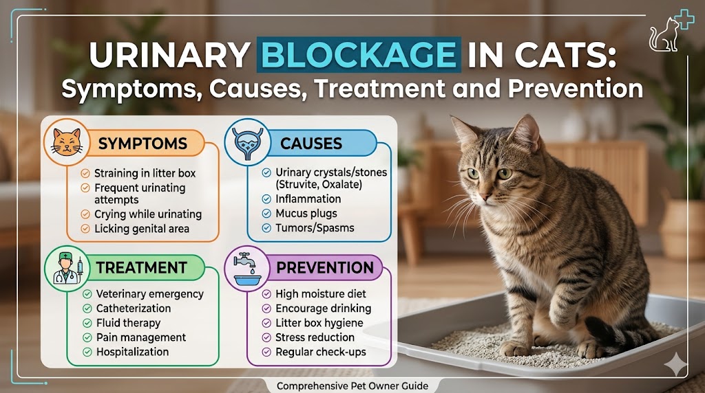 Cat struggling to urinate, showing urinary blockage in cats symptoms and warning signs
