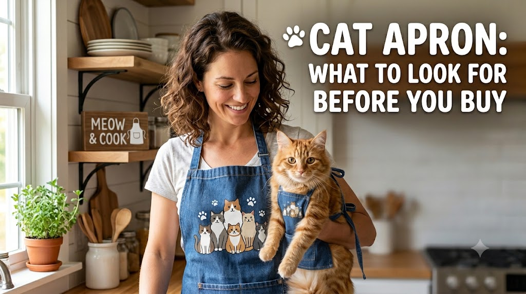 Cat wearing a cute apron-style outfit, showing cat apron and fun pet fashion accessories for themed costumes and indoor photography.