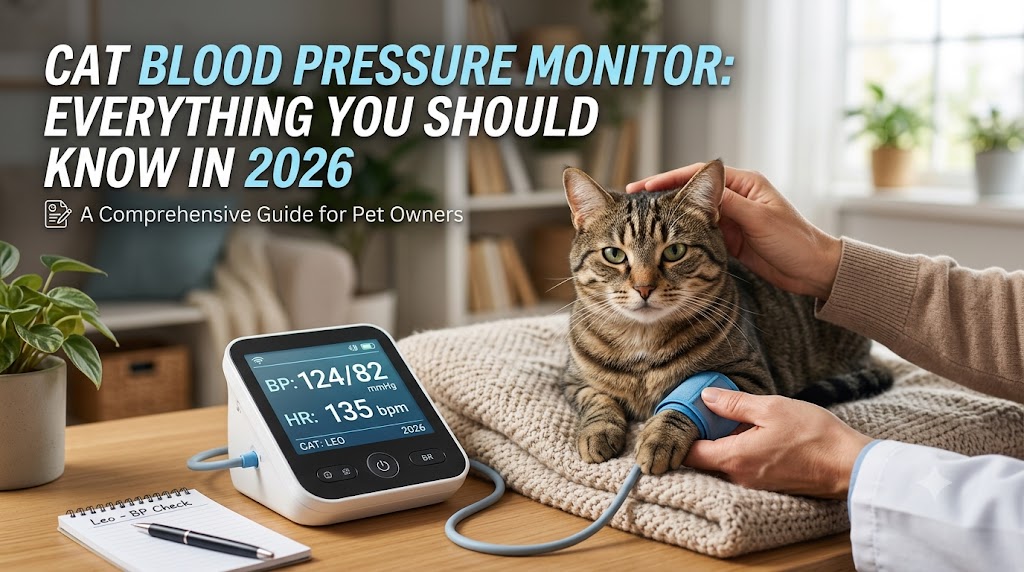 Cat being checked with a veterinary blood pressure cuff, showing cat blood pressure monitor and how feline blood pressure is measured during health exams.