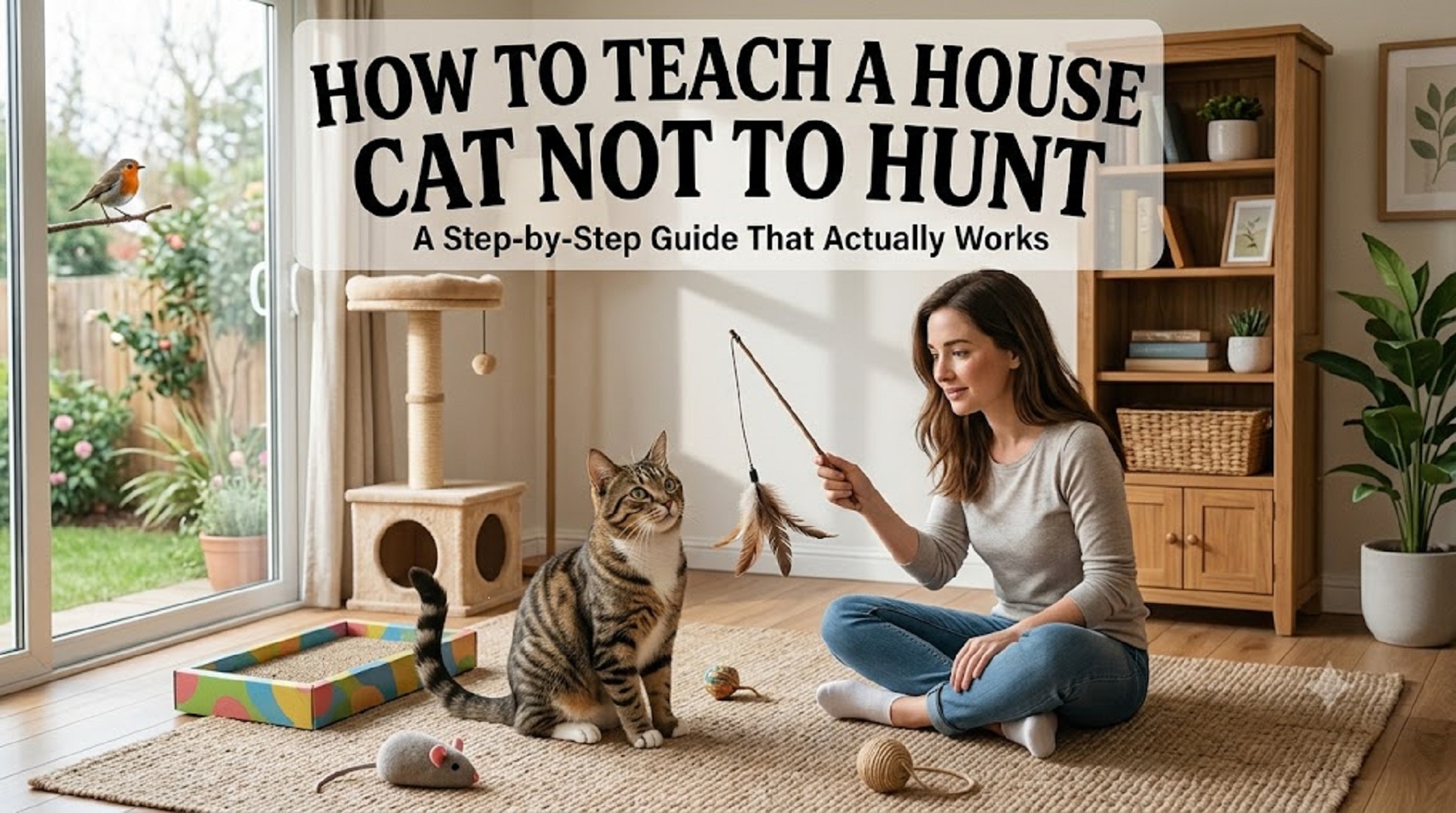 Indoor house cat playing with an interactive toy instead of chasing wildlife, illustrating how to teach a house cat not to hunt using positive enrichment and training.